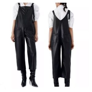 Zara Faux Leather Jumpsuit Overalls Womens Small Black Cropped Apron Bib